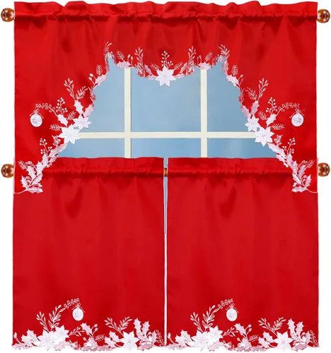 Miniatura 7 de Juego de cortinas para ventana de cocina con bolsillo de varilla bordadas para las vacaciones de Navidad (Poinsettia B)