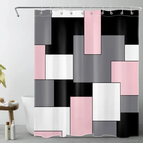 Miniatura 30 de HVEST Cortina de ducha geométrica rosa con ganchos, cortina de ducha moderna geométrica abstracta gris y blanco para baño, 72 x 72 pulgadas, juego