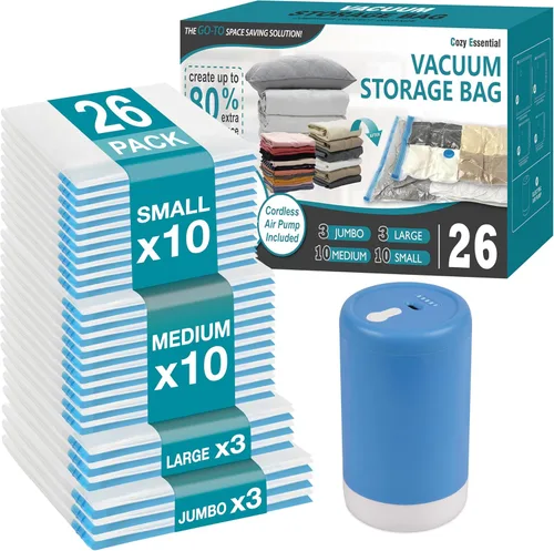 Miniatura 13 de Paquete de 30 bolsas de almacenamiento al vacío con bomba eléctrica inalámbrica recargable, bolsas de ahorro de espacio con sellado al vacío