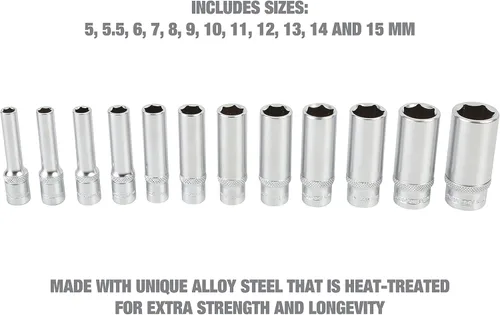 Miniatura 4 de OEMTOOLS 23986 Juego de 12 llaves de 1/4 unidad de profundidad, juego de llaves profundas métricas 5-15mm, llaves de acero de aleación tratadas