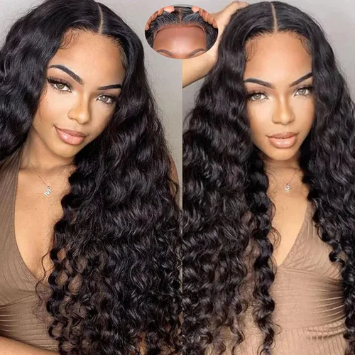 Miniatura 7 de Pelucas de cabello humano rizado con ondas profundas de 5 x 5 HD, sin pegamento, precortadas, con encaje frontal, para mujeres negras, color negro
