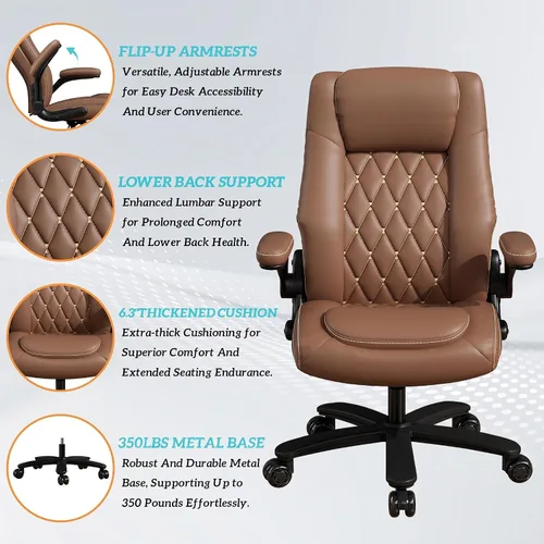 Miniatura 5 de GYI O205P - Silla de oficina ejecutiva de respaldo alto, silla de oficina grande y alta, 400 libras con ruedas de goma, sillas de escritorio Marrón