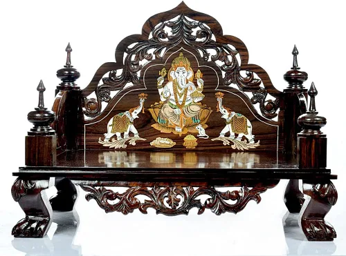 Miniatura 9 de Hastha Kalalu Moksha Teakwood Pooja Mandir para el hogar I Templo de madera maciza hecho a mano de primera calidad I Mantap Puja colgante de pared
