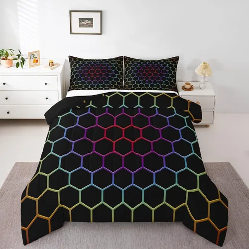 Miniatura 25 de Juego de ropa de cama individual de panal para niños y niños, color negro, verde azulado, azul, hexagonal, geométrico, patrón de colmena, edredón