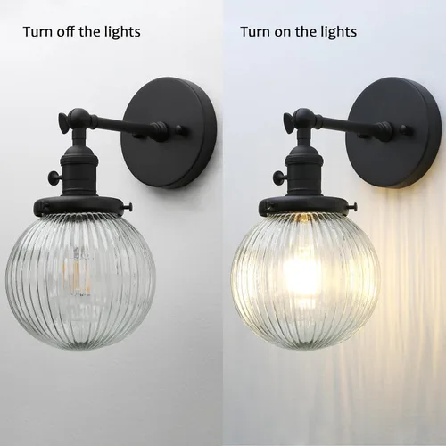 Miniatura 4 de PERMO Aplique de Pared Industrial Vintage Negro Mate Aplique de Pared Individual con Pantalla de Vidrio Acanalado Transparente Redonda de 5.9" Luz