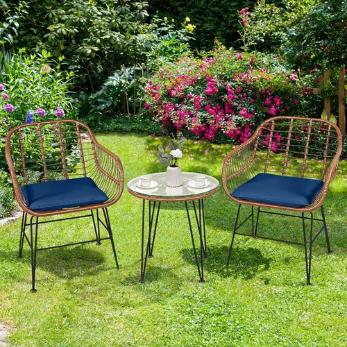 Miniatura 4 de Tangkula - Juego de 3 piezas para conversación en el patio, juego de muebles de mimbre al aire libre con mesa redonda de vidrio templado y 2
