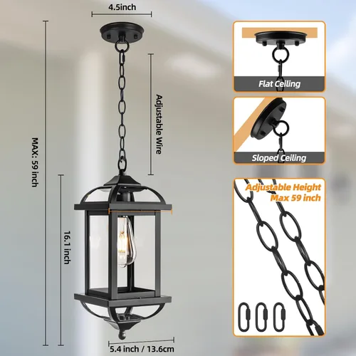 Miniatura 6 de Lámpara colgante grande para exteriores de 16 pulgadas, lámpara de araña exterior de aluminio antioxidante para porche con vidrio transparente