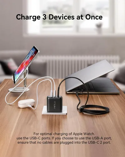 Miniatura 5 de MINLU GaN - Bloque de cargador USB C de 65 W, cargador de pared compacto de 3 puertos tipo C con cable USB-C/L 2 en 1 de 6 pies, 100 W, carga rápida