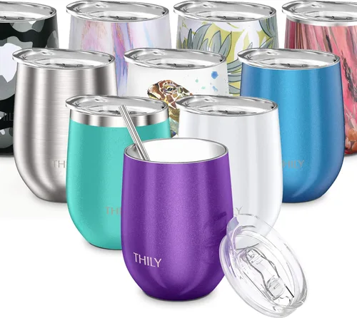 Miniatura 14 de THILY Vaso de vino de acero inoxidable aislado con tapa y popote sin tallo, a prueba de salpicaduras, linda taza de viaje para café, cócteles, Flor