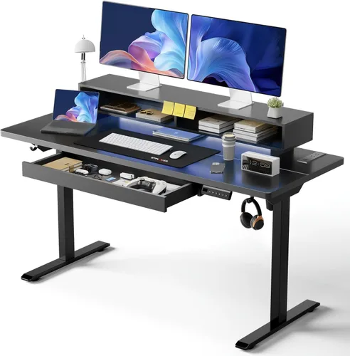 Miniatura 11 de GTPLAYER Escritorio eléctrico de pie con cajones, escritorio de juegos ajustable de altura de 48 x 24 pulgadas con soporte para monitor, tomas