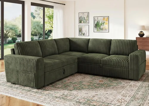 Miniatura 8 de HONBAY - Sofá seccional modular con cama desplegable, sofá en forma de L de pana con almacenamiento, sofás seccionales para sala de estar, verde