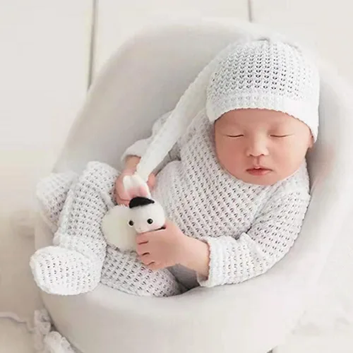 Miniatura 3 de Accesorios para sesión de fotos de bebé recién nacido, sombrero de punto de ganchillo, disfraz, sombrero de rayas, pantalones, mono, accesorios