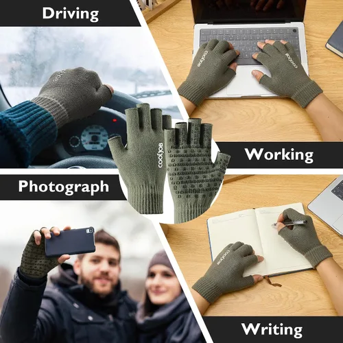 Miniatura 5 de COOLJOB 2 pares de guantes de punto cálido sin dedos para hombres y mujeres, guantes elásticos de invierno con agarre de silicona antideslizante