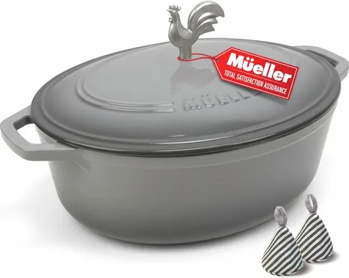 Miniatura 25 de MÜELLERHOME Horno holandés de hierro fundido esmaltado, 6 cuartos de galón, resistente, cazuela con tapa y perilla de acero inoxidable, para todas
