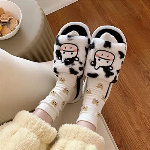 Miniatura 2 de Pantuflas Kawaii de vaca peluda para mujer, cómodas, con puntera abierta, lindas sandalias de invierno de animales