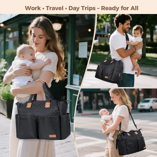 Miniatura 2 de Lekebaby Bolsa de pañales – 17 bolsillos grande para pañales de viaje impermeable con cambiador portátil, bolsa de hospital cruzada para mamá