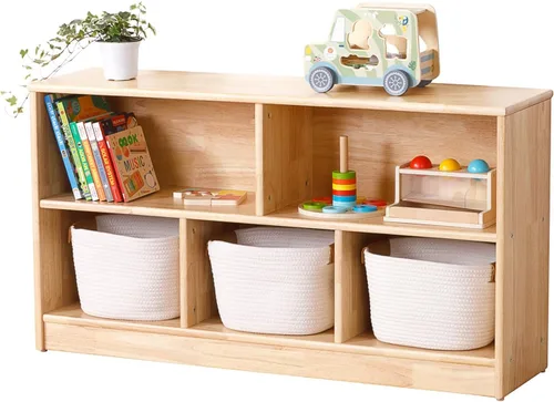 Miniatura 3 de OOOK Estante Montessori de Madera de Caucho con 5 Compartimentos, 43.3" de Largo, Organizadores y Almacenamiento de Juguetes de 2 Niveles, Gabinete