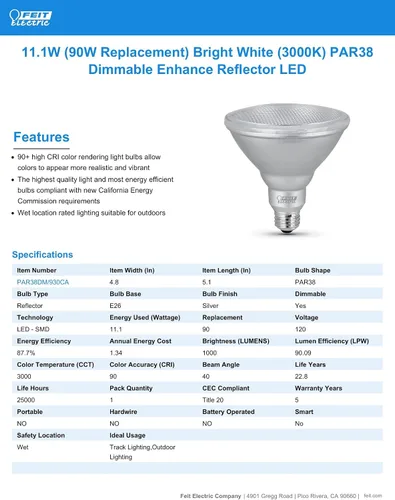 Miniatura 7 de Feit Electric Bombilla LED PAR38, Equivalente a 90W, Regulable, Blanco Brillante 3000K, 1000 Lúmenes, Vida Útil de 22 Años, Base E26, Bombilla