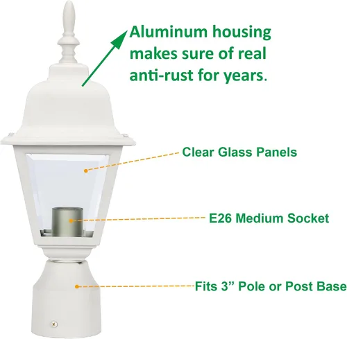 Miniatura 2 de LIT-PaTH Farol de poste de iluminación al aire libre, base mediana E26 máximo de 60 W, carcasa de aluminio más vidrio transparente, bombilla
