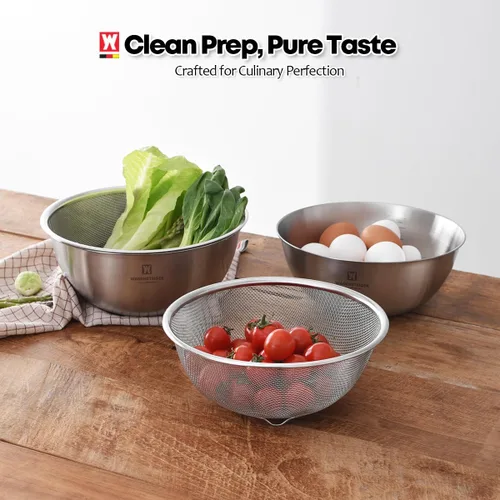 Miniatura 7 de WAGENSTEIGER Juego de tazón de acero inoxidable y colador de 3 patas, canasta de cocina multiusos con colador de malla fina, cuenco para mezclar