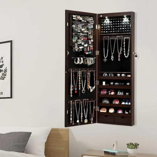 Miniatura 8 de Giantex Organizador de joyas montado en la paredpuerta con 2 luces LED, armario de joyería de altura ajustable con cerradura con espejo de longitud