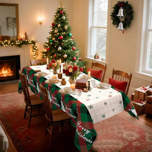 Miniatura 5 de Mantel de Navidad, 2 piezas de mantel de Navidad desechable para mesa rectangular, 54" x 108" de plástico con diseño de copo de nieve, árbol