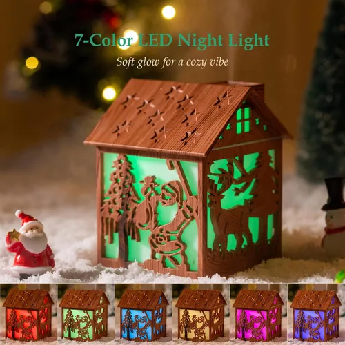 Miniatura 3 de Humidificador de madera de Navidad para casa, 8.1 fl oz, mini humidificador de niebla fría con diseño LED de Papá Noel, 7 luces de color, alimentado