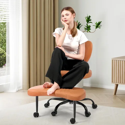 Miniatura 11 de Silla de Oficina para Sentarse con Piernas Cruzadas, Silla Ergonómica Criss Cross con Ruedas, Silla de Meditación Giratoria 360° de Altura Ajustable