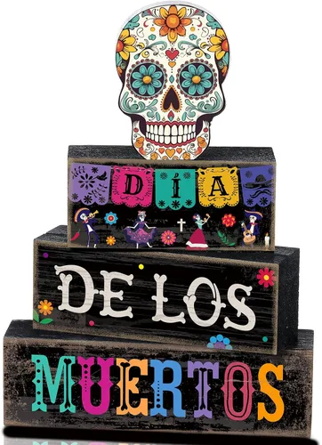 Miniatura 108 de Lineshading 4 piezas de decoración de mesa de Halloween espeluznante café apilado, decoración de bloques apilados de madera, letreros con tapa