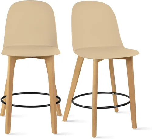 Miniatura 3 de 2xhome Juego de 2 taburetes de bar de altura de mostrador Asiento de plástico moldeado moderno de mediados de siglo Patas de madera maciza