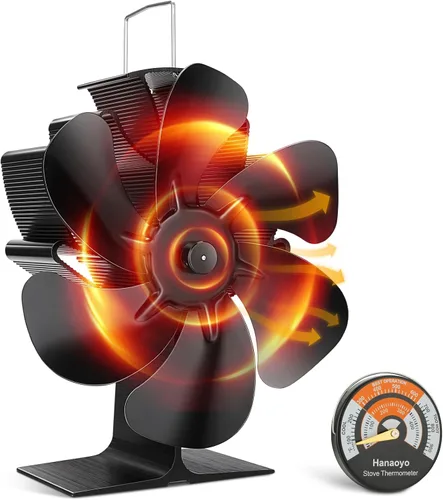 Hanaoyo Ventilador de Estufa de Leña, Ventilador de Estufa de Leña con 6 Cuchillas Alimentado por Calor, Ventilador de Chimenea con Termómetro