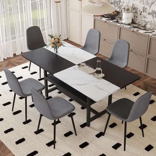 Miniatura 34 de Juego de mesa de comedor de 71 pulgadas para 6 personas con estante de almacenamiento, juego de mesa de comedor rectangular industrial moderna