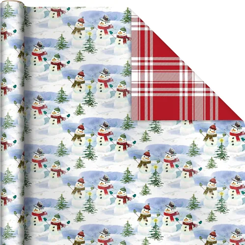 Miniatura 5 de Hallmark Papel de regalo de Navidad reversible (3 rollos: 120 pies cuadrados ttl) Papá Noel vintage, muñecos de nieve, cuadros tradicionales verdes