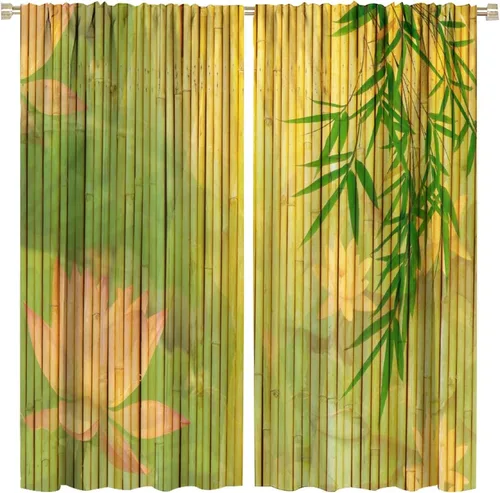Miniatura 69 de Cortinas con estampado de bambú, tallos y hojas de bambú, temática oriental natural, oscurecimiento de habitación, ventana, ventana, cortina