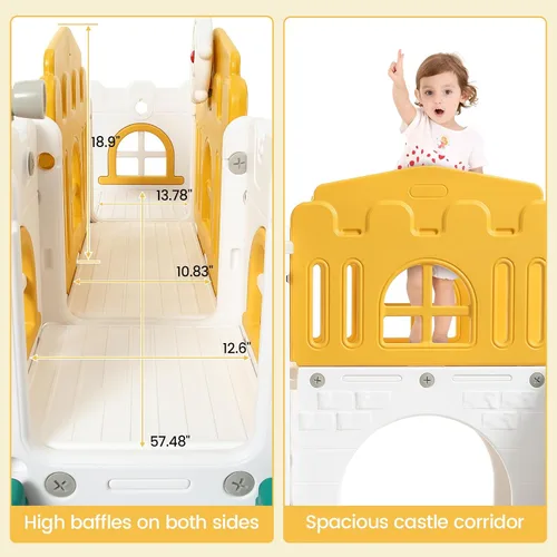 Miniatura 6 de Juego de tobogán infantil 8 en 1, juego de tobogán y escalador con pasillo, aro de baloncesto, telescopio, patio de juegos para interiores