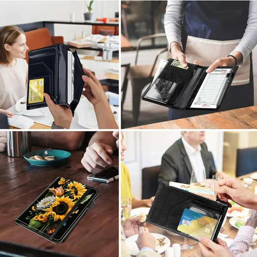 Miniatura 7 de Libretas de alto volumen para camareros, Libro de servidor de girasoles y mariposas con 2 bolsillos expandibles de 9 x 5, linda libreta de camarera