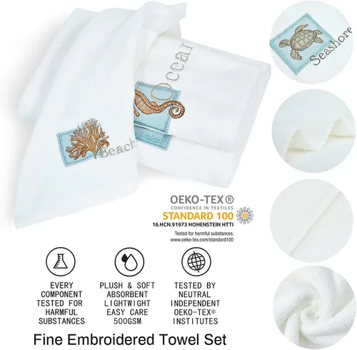 Miniatura 2 de LIlianna Starfish and Seashell - Juego de toallas de 3 piezas 100% algodón 1 toalla de baño, 1 toalla de mano, 1 toalla para la cara Supersuave