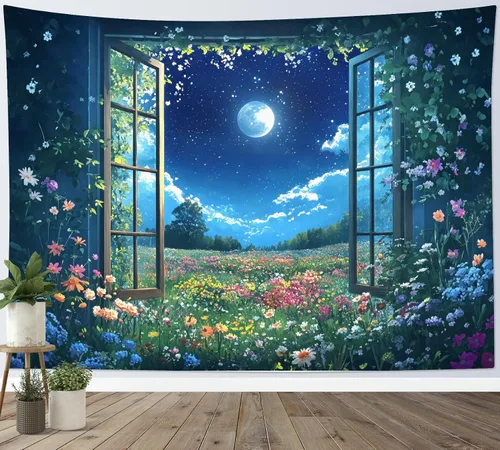 Miniatura 23 de LB Tapiz de cielo nocturno, luna llena en el mar, tapiz para colgar en la pared, tapiz de nube blanca de fantasía, tapiz de acuarela, arte de pared