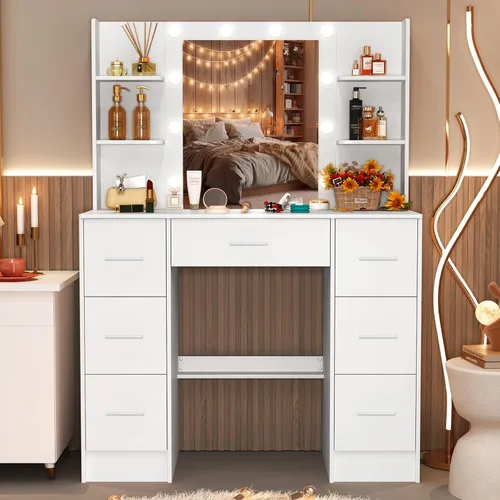 Miniatura 10 de Espejo de tocador con luces, escritorio y silla, 5 cajones y gabinete, mesa de maquillaje con espejo grande HD, 3 modos de iluminación, mesa