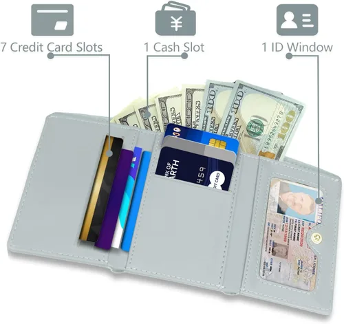 Miniatura 2 de Billetera triple para mujer, delgada para tarjetas de crédito, carteras de cuero con ventana de identificación, Azul, Trifold