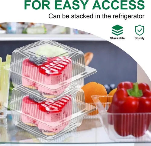Miniatura 4 de TOFLEN Paquete de 50 contenedores de alimentos de plástico con bisagras, contenedores de rebanada de pastel cuadrados transparentes con tapas