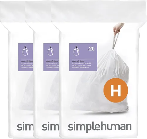 simplehuman Code H bolsas para basura con cordón de ajuste personalizadas en paquetes con dispensador, 60 unidades, color blanco, 30-35 litros /