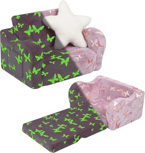 Miniatura 9 de MOMCAYWEX Sofá para bebé, 2 en 1, sofá suave para niños plegable con almohada de estrellas, sofá plegable para convertir en sofá cama, extra ancho