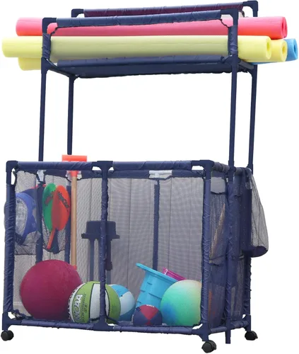 Soporte para Fideos de Piscina, Juguetes, Flotadores, Pelotas, Contenedor Organizador de Almacenamiento de Malla Rodante de Doble Nivel, Grande con