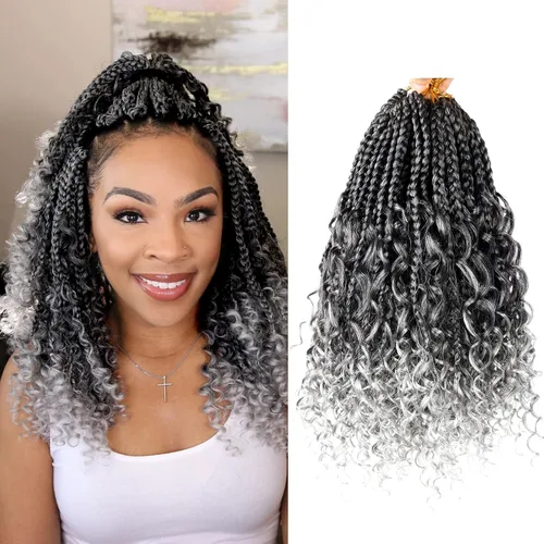 Miniatura 54 de Goddess Box Braids - Trenzas de cabello a ganchillo con extremos rizados, trenzas de caja bohemianas de 16 pulgadas, trenzas de ganchillo, 8 1B-4-30
