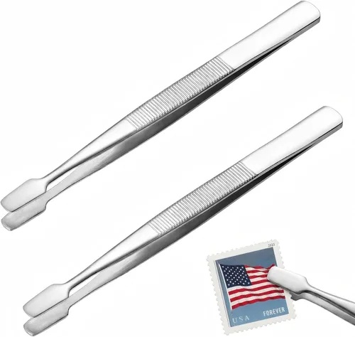 Paquete de 2 pinzas para sellos de acero inoxidable, herramientas filatelicas de 4.3 pulgadas para coleccionistas, punta plana, antideslizantes,
