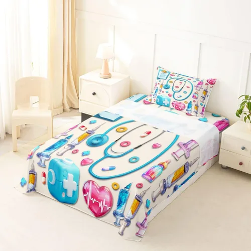 Miniatura 4 de Erosebridal Nurse Sheet Set Stethoscope Twin Sheets Set for Teen Boys,Colorful Medical Healthcare Heartbeat Syringe Fitted Sheet