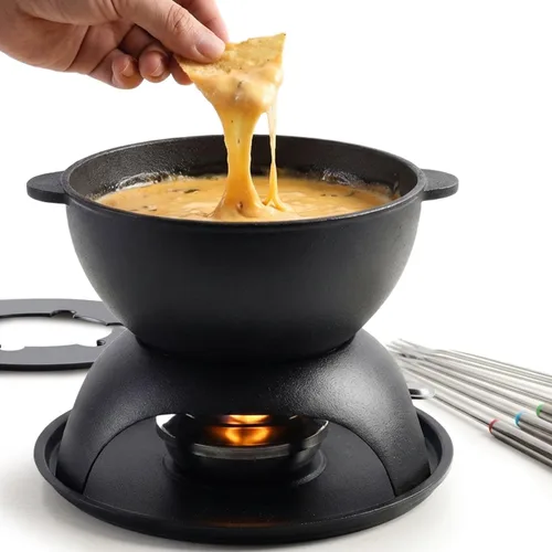 Artestia Olla de fondue de hierro fundido para chocolate, olla de fondue de queso de 5 tazas con 6 tenedores de colores para fiesta de fondue, 4-6