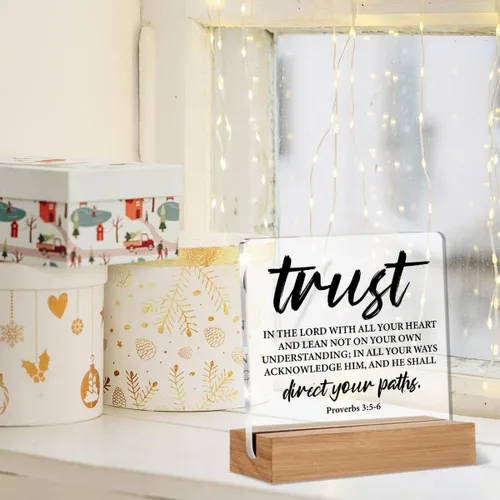 Miniatura 6 de Regalos de versículo bíblico cristiano para mujeres y hombres, letrero acrílico con frase de Proverbios Trust in The Lord Scripture con soporte