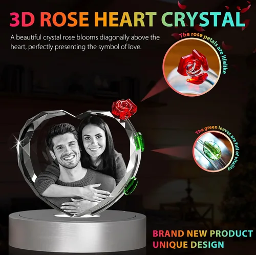 Miniatura 2 de Foto de cristal 3D con rosa de cristal rojo, regalos personalizados para mujeres, ella, él, esposa, novia, mamá, pareja, foto de cristal